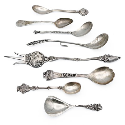 Lot 299 - A selection of six Continental white metal spoons and a Dutch pickle fork.