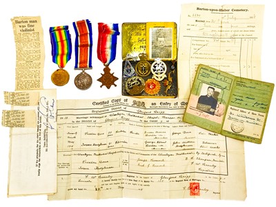 Lot 271 - World War 1 medals (x3) plus miscellaneous cap badges etc.