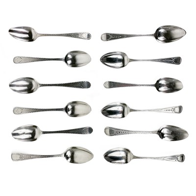 Lot 147 - A harlequin set of twelve silver tea spoons by various makers.