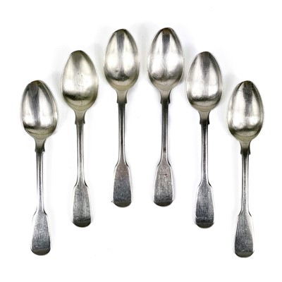 Lot 308 - A George IV set of six silver fiddle pattern tea spoons by William Chawner.