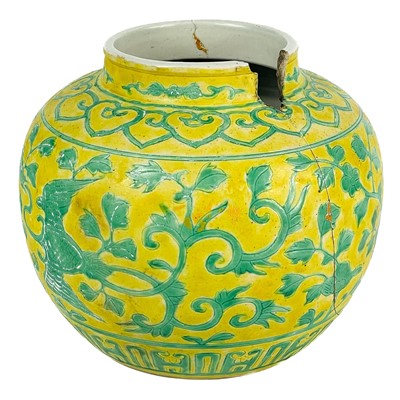 Lot 593 - A Chinese yellow glazed porcelain jar, Jiaqing six character mark.