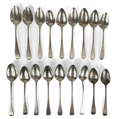 Lot 337 - A collection of eighteen various Georgian silver Old English pattern teaspoons.