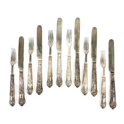 Lot 201 - A Victorian silver Queens pattern dessert knife and fork set for six by Martin Hall & Co.