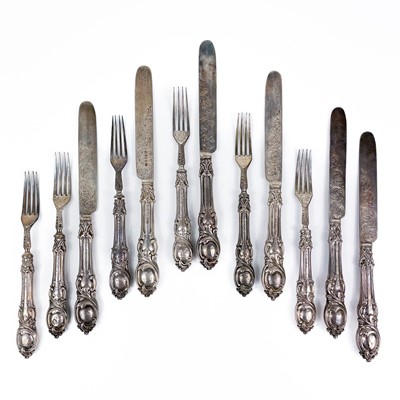 Lot 310 - A Victorian silver dessert knife and fork set for six by John Gammage.