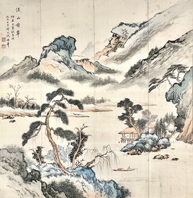 Lot 643 - A Chinese silk painting of a mountainous river scene, 19th century.