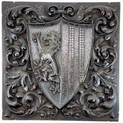 Lot 155 - A carved oak heraldic panel.