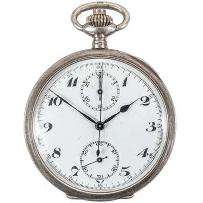 Lot 6 - A silver cased chronograph centre seconds crown wind lever pocket watch.