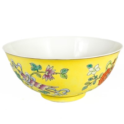 Lot 618 - A Chinese yellow ground famille rose bowl, Tongzhi six character mark.