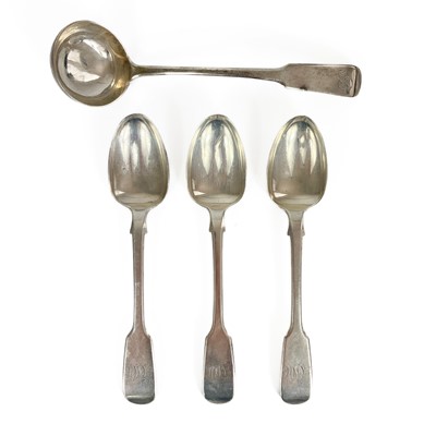 Lot 105 - A George III Scottish silver fiddle pattern sauce ladle and set of three Victorian teaspoons.