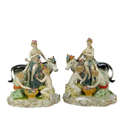 Lot 825 - A pair of Continental porcelain figures of Europa and the bull.