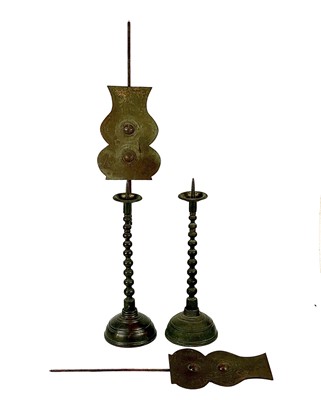 Lot 646 - A pair of Chinese bronze pricket candlesticks, 19th century