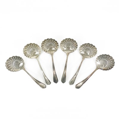 Lot 322 - A George VI silver set of six sifter spoons by Harry Atkin.