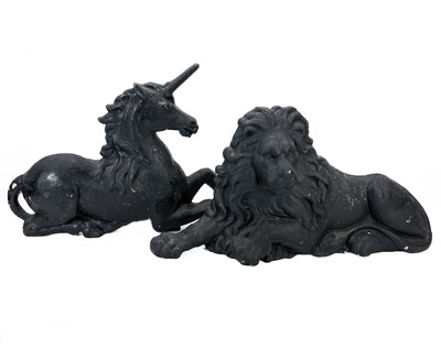 Lot 152 - A pair of Victorian painted cast iron lion and unicorn figures.