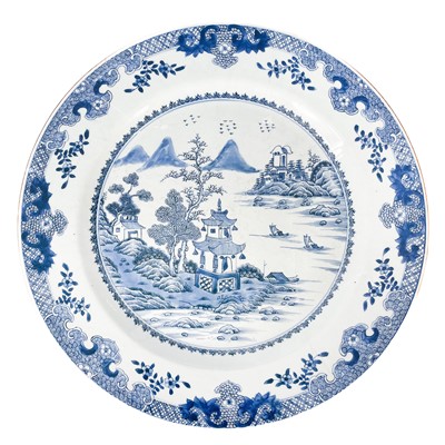 Lot 635 - A large Chinese export blue and white porcelain charger, Qianlong.