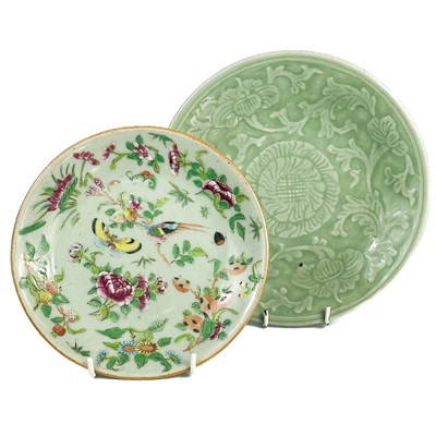 Lot 658 - A Chinese celadon famille rose plate, 19th century.