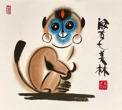 Lot 167 - A Chinese watercolour of a stylised monkey, 'After' Han Meilin