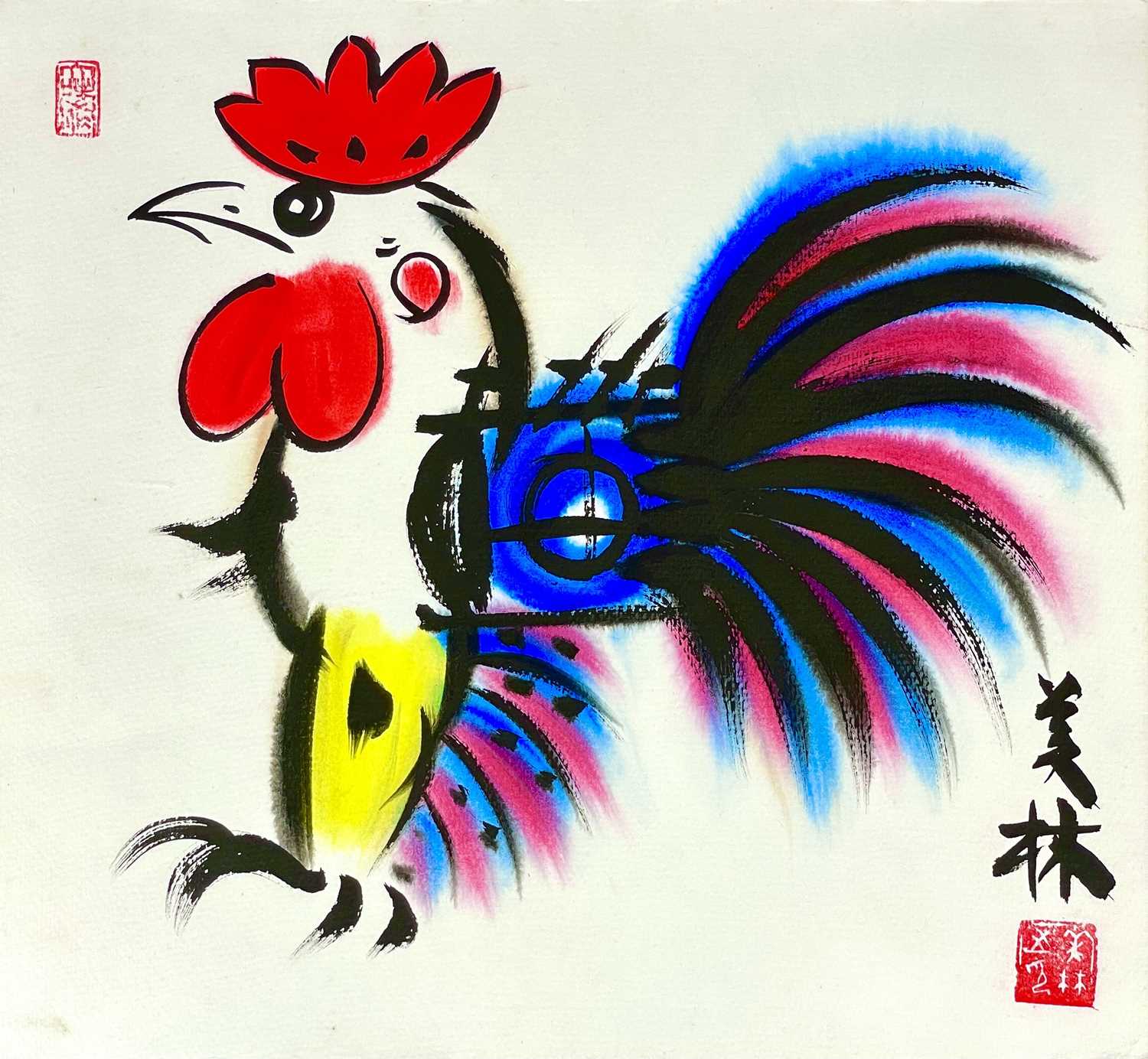 Lot 686 - A Chinese watercolour of a stylised cockerel, 'After' Han Meilin