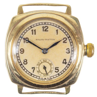 Lot 105 - ROLEX OYSTER - A 1930's 9ct gold cushion cased gentleman's manual wind wristwatch.