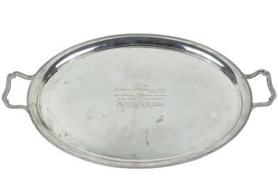 Lot 206 - A George V silver large and heavy oval twin handled tray by Adie Brothers Ltd.