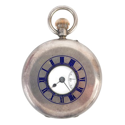 Lot 16 - An Edwardian silver half hunter crown wind pocket watch by Goldsmiths Company.