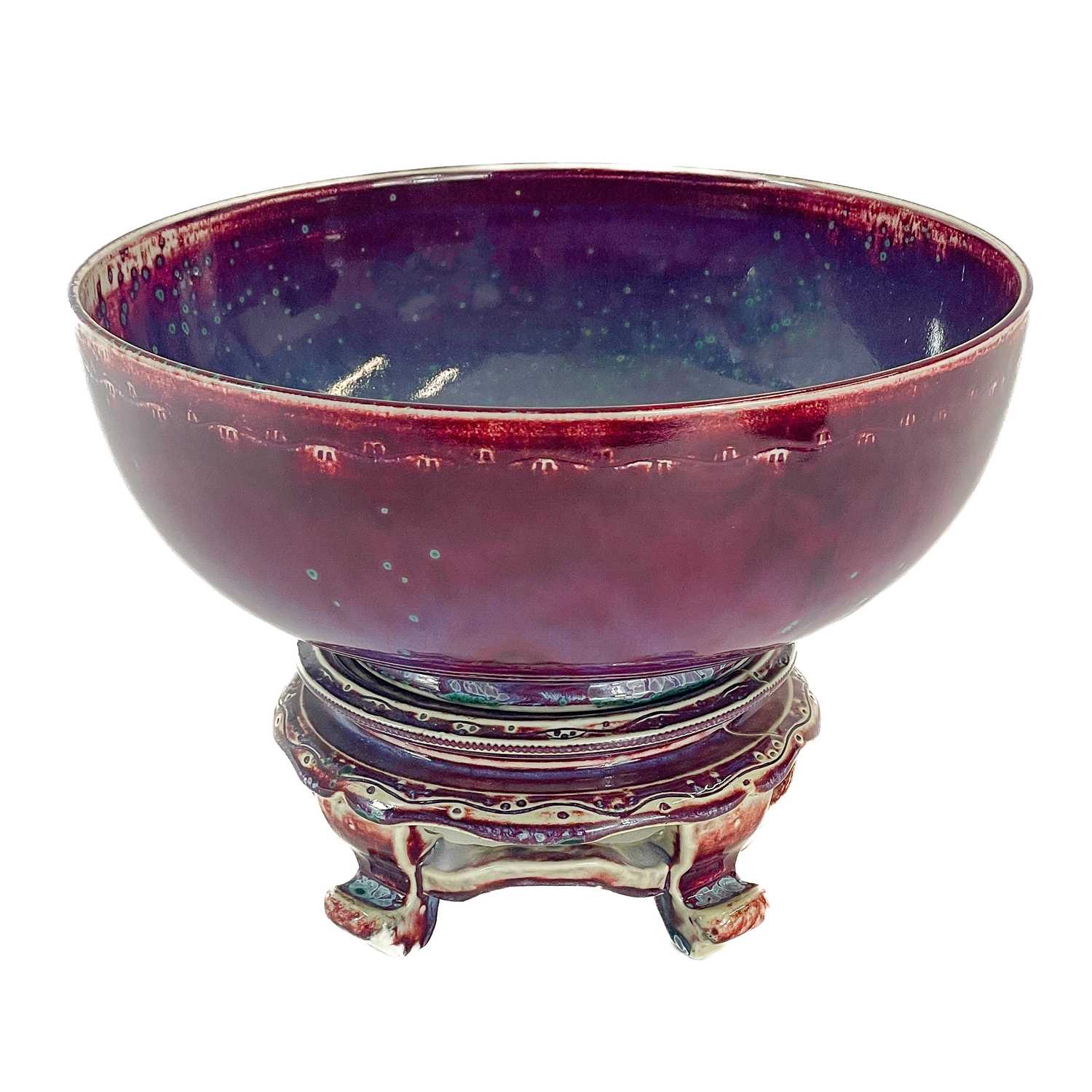 Lot 840 - A Ruskin high-fired bowl, sang de boeuf glaze with incised border.