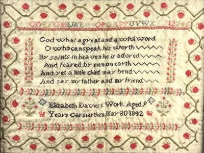 Lot 74 - Two early Victorian Welsh wool samplers, by The Davies sisters, Carmarthen.