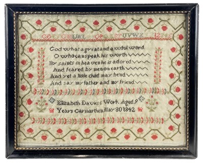 Lot 74 - Two early Victorian Welsh wool samplers, by The Davies sisters, Carmarthen.