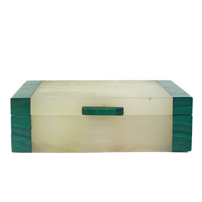 Lot 22 - A malachite banded Art Deco white marble cigarette box.