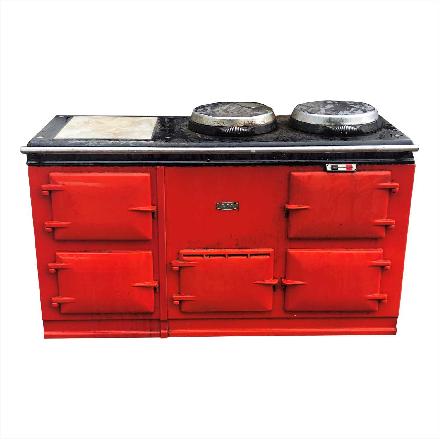 Lot 3364 - A large red AGA range oven, with five doors.