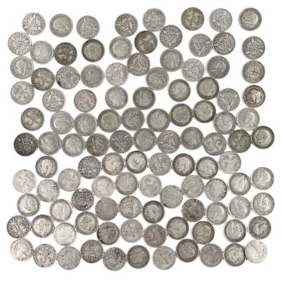 Lot 1 - GB Silver 3d pre1920 & pre 1947 coins (x110)