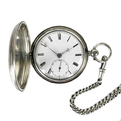 Lot 7 - A Victorian silver cased full hunter key wind pocket watch with Albert watch chain.