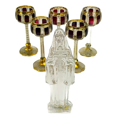 Lot 894 - A set of five ruby cabochon and gilt hock glasses.