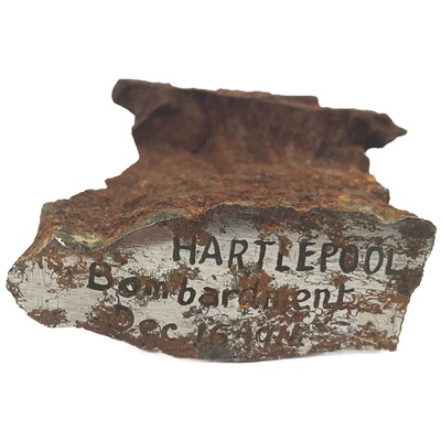 Lot 71 - A piece of shrapnel from the shelling of Hartlepool marked December 16th 1914.