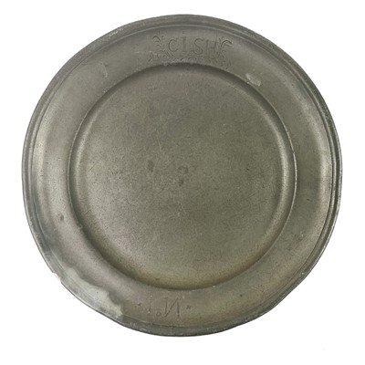 Lot 87 - A pewter plate marked 1759 inscribed with the owner's initials.