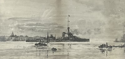 Lot 104 - A print of the Dreadnought HMS Orion leaving Portsmouth after Frank Wood.