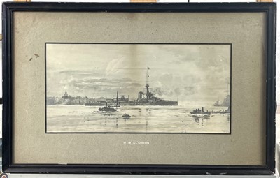 Lot 104 - A print of the Dreadnought HMS Orion leaving Portsmouth after Frank Wood.