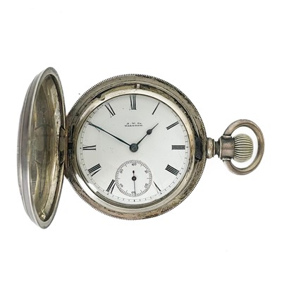 Lot 17 - A Waltham sterling silver cased large full hunter crown wind pocket watch.