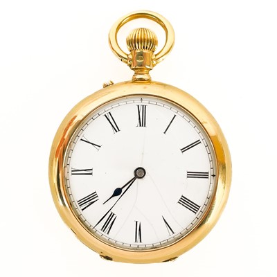 Lot 13 - An 18ct gold open face crown wind fob pocket watch in a silver mounted travel case.