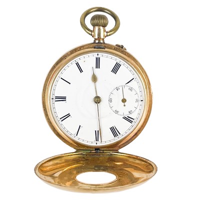 Lot 40 - A 14ct gold cased half hunter crown wind pocket watch.