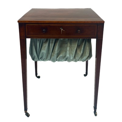 Lot 1871 - A George III Sheraton style mahogany, satinwood banded and boxwood strung work/writing table.