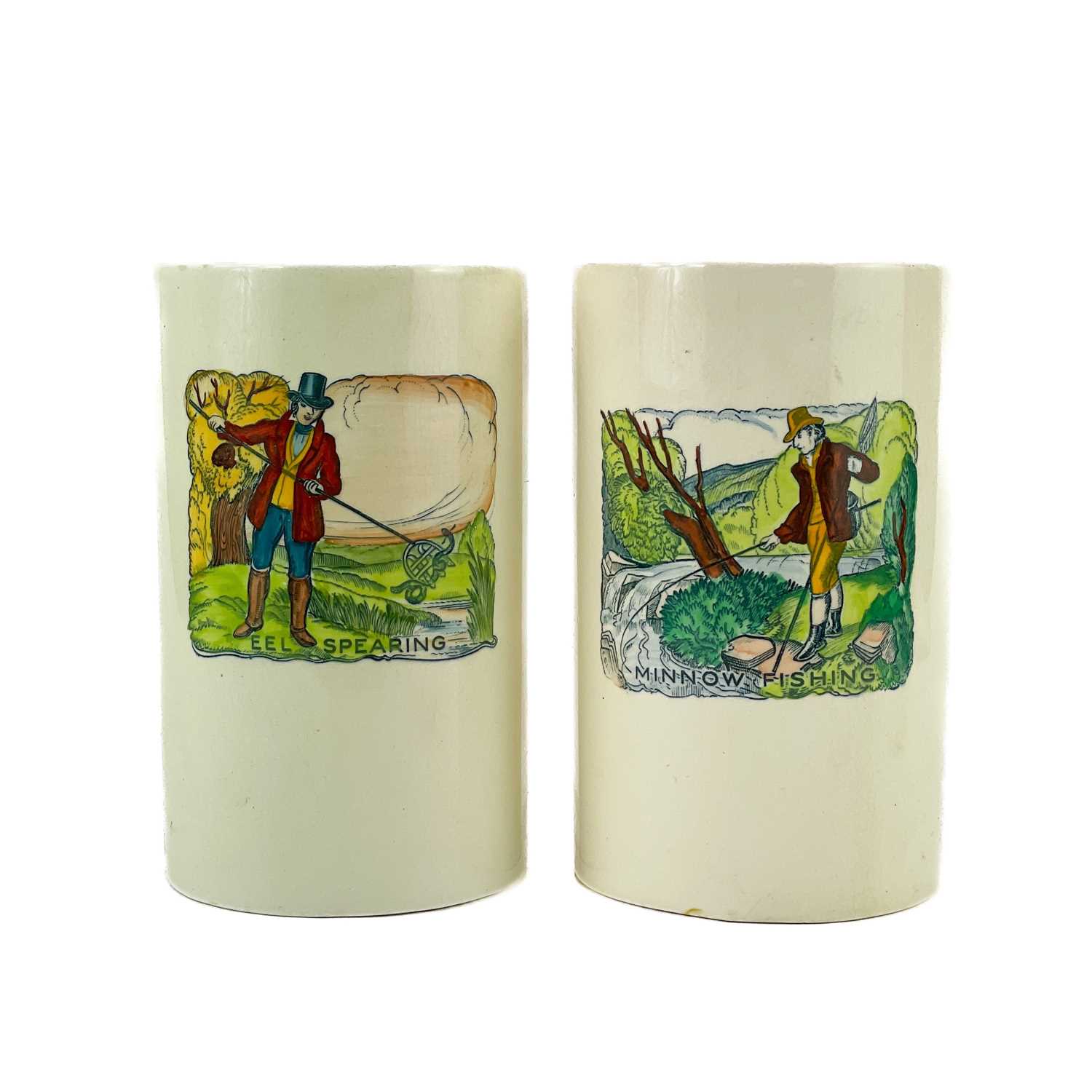 Lot 848 - Two Plichta pottery London tankards decorated with angling scenes.