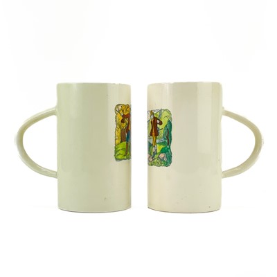 Lot 848 - Two Plichta pottery London tankards decorated with angling scenes.