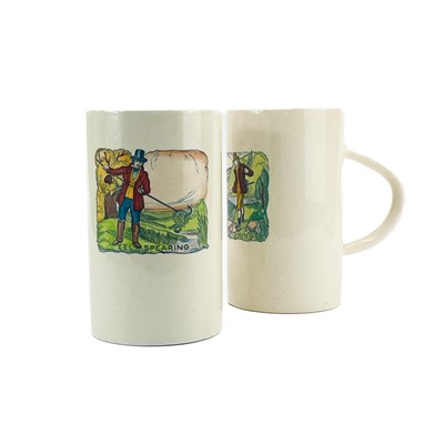 Lot 848 - Two Plichta pottery London tankards decorated with angling scenes.