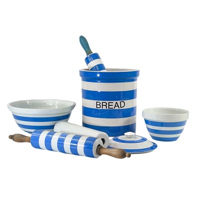 Lot 828 - A T.G. Green Cornishware bread bin and three rolling pins.