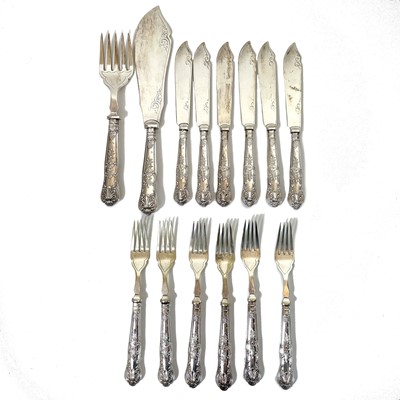 Lot 223 - A silver handled Kings Pattern fish set for six by C H Beatson.