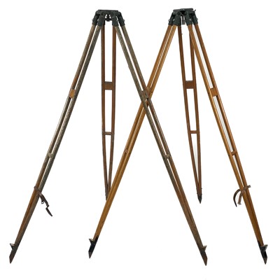 Lot 246 - Two Hilger & Watts folding tripod theodolite stands.