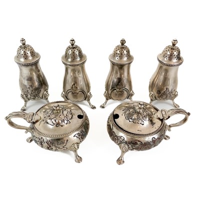 Lot 301 - A George V silver six piece cruet set by J Parkes & Co.