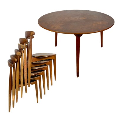 Lot 484 - Hans Wegner a set of six Heart teak dining chairs and a teak circular table