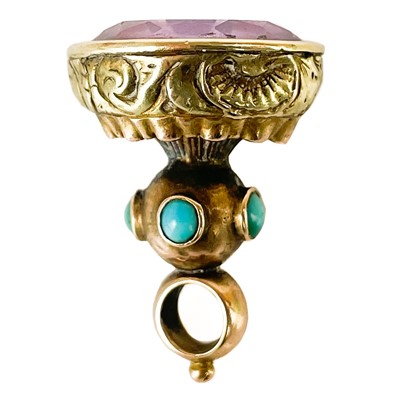 Lot 55 - A Victorian bi-colour gold, turquoise and amethyst set fob seal.