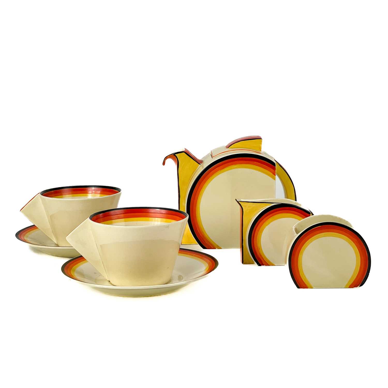 Lot 502 - Clarice Cliff Banded ware tea for two Stamford pattern.